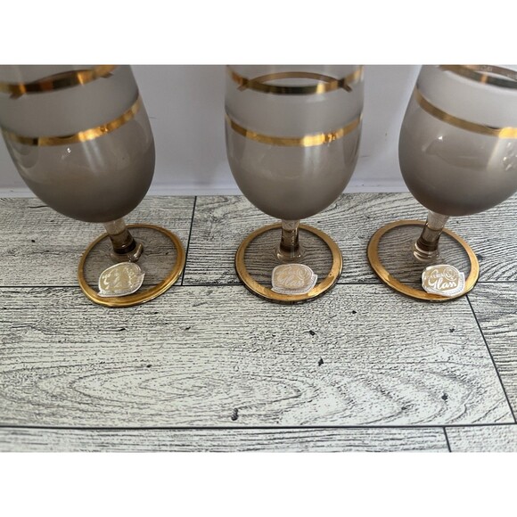Vintage Bohemia Smoke Gray Frosted Gold Band Cordial Glasses Set of 6 Czech - Picture 4 of 7